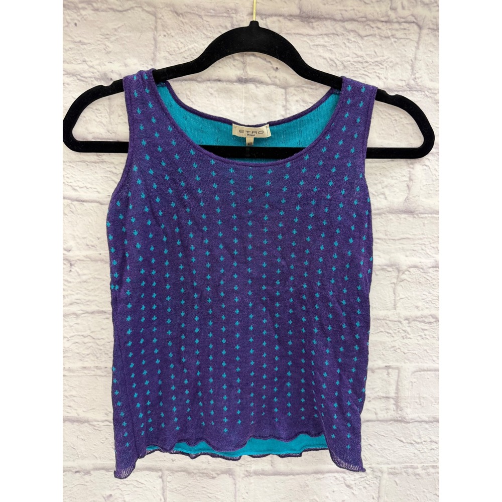 Etro Milano Purple Turquoise Knit Tank Top Silk Linen Blend IT 40 Scallop Hem
